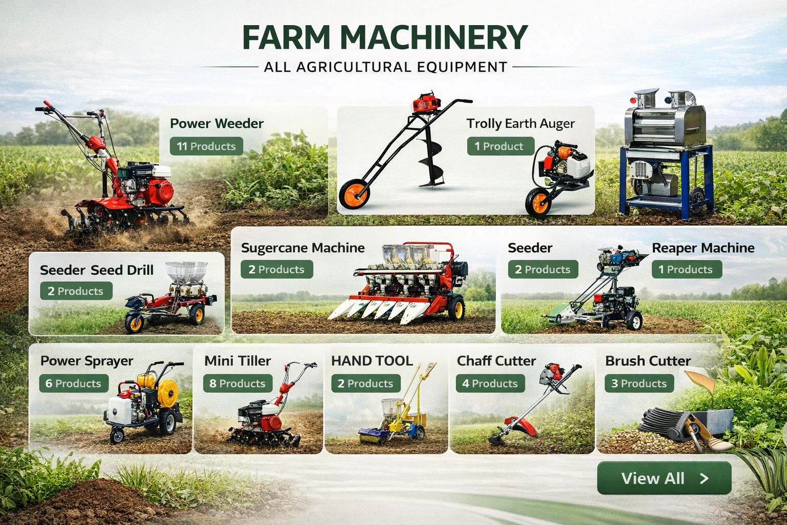 Power Tillers, Power Weeders, Reapers, Seed Drills